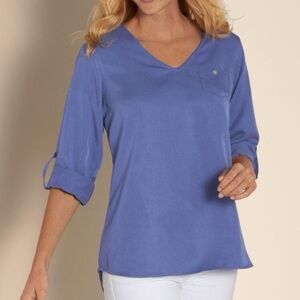Soft Surroundings sustainable tencel tunic in periwinkle, XS, roll tab sleeves